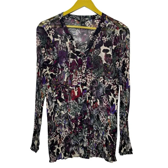 Lucky Brand Silk Floral Sheer Tunic Top Size L Multicolor Lace Up - Picture 1 of 6